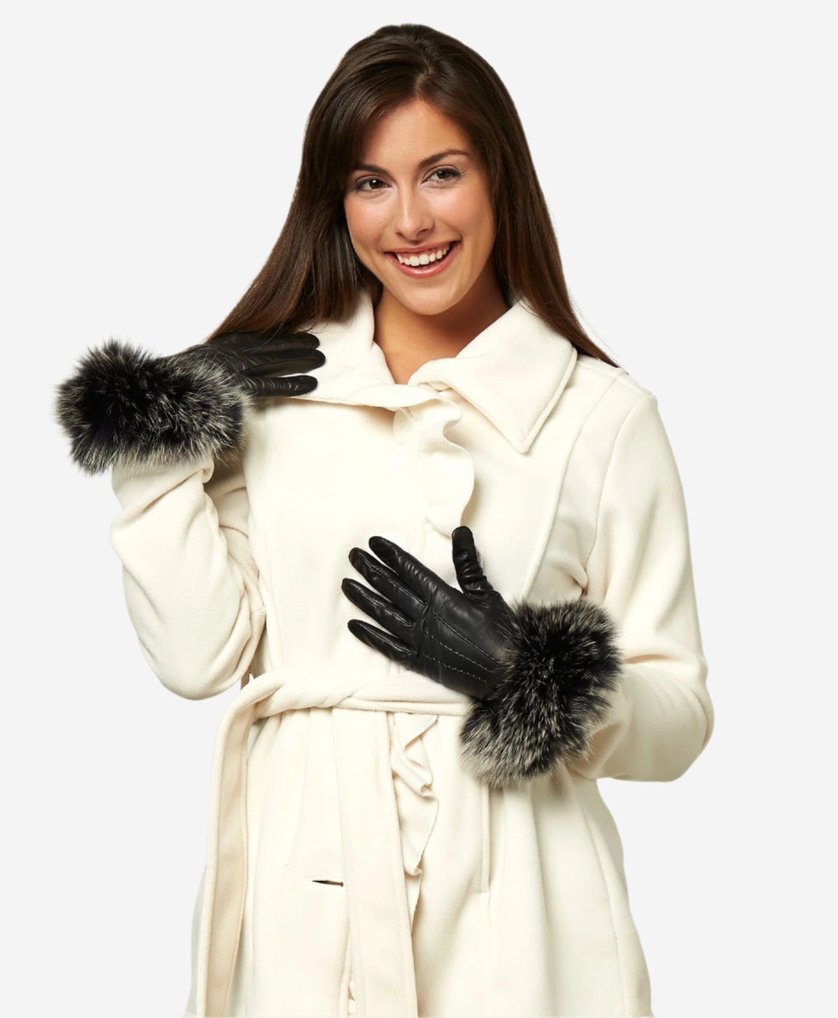 CC4066 (black) - Women’s Italian fox fur cuff cashmere lined leather gloves — photo 4 of 10