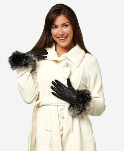 CC4066 (black) - Women’s Italian fox fur cuff cashmere lined leather gloves — photo 4 of 10