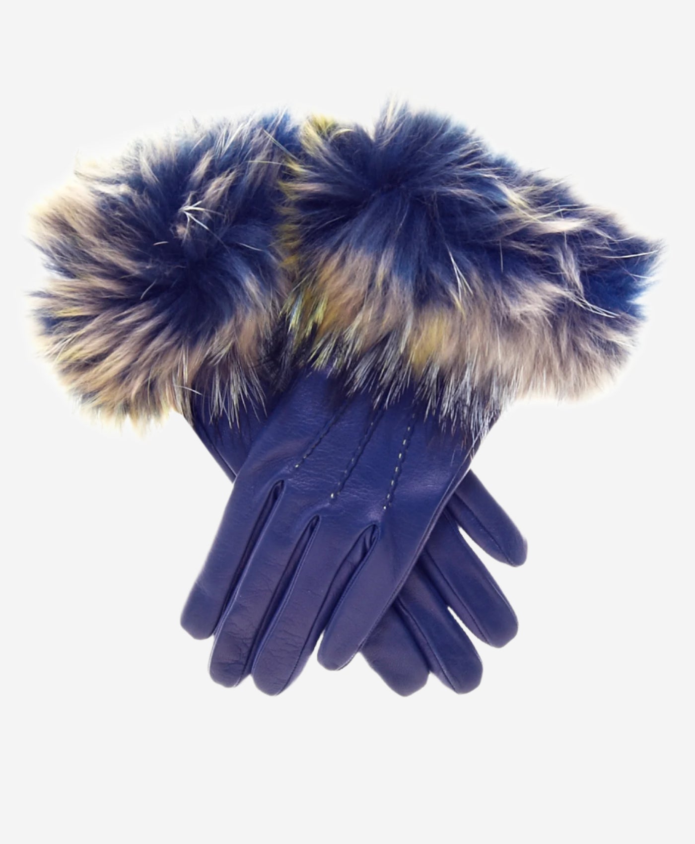 CC4066 (blue) - Women’s Italian fox fur cuff cashmere lined leather gloves — photo 1 of 8