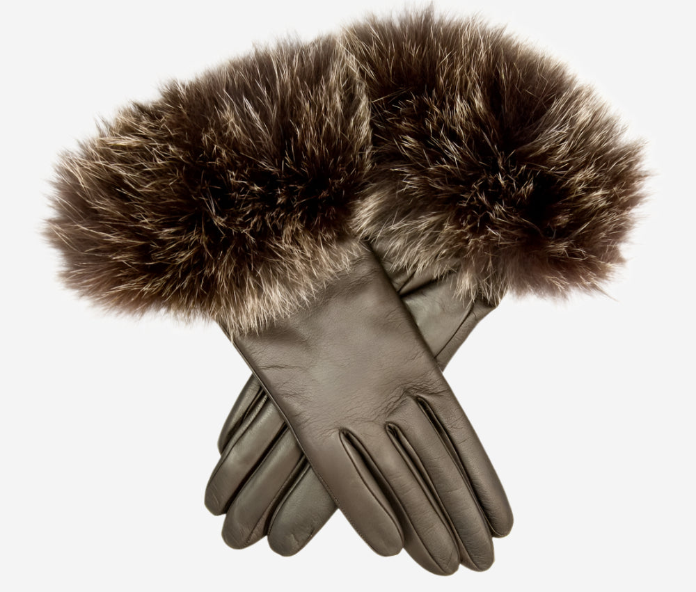 CC4066 (brown) - Women’s Italian fox fur cuff cashmere lined leather gloves — photo 1 of 10