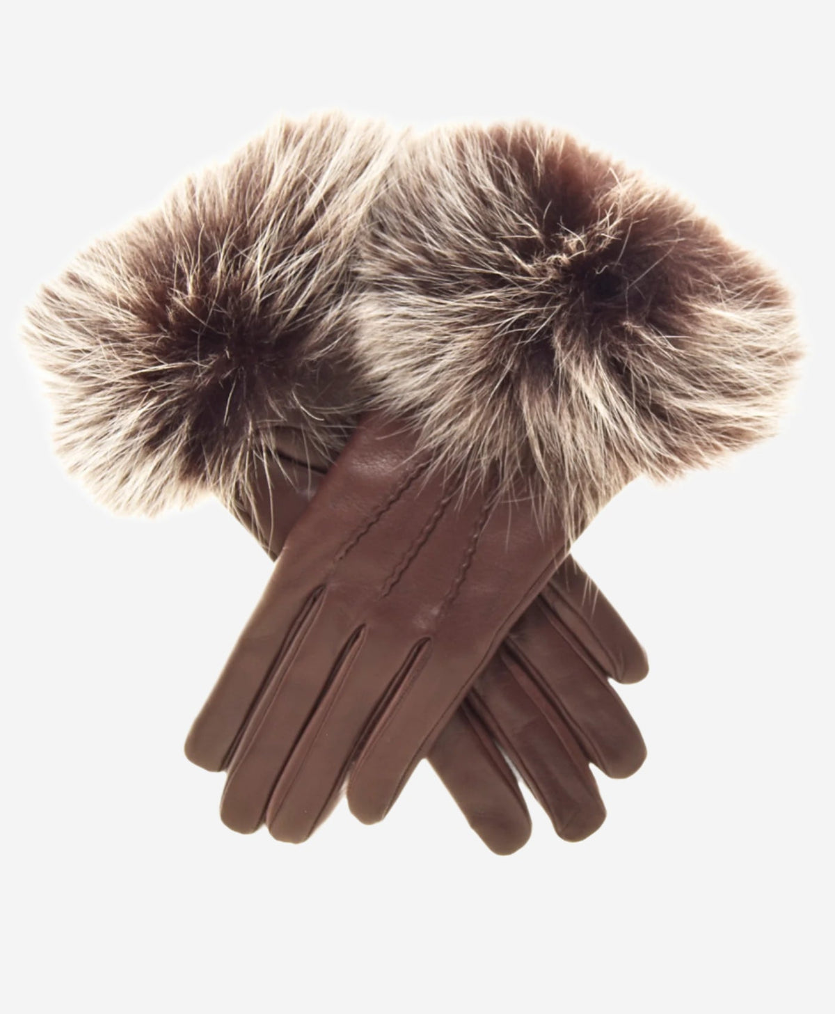 CC4066 (brown) - Women’s Italian fox fur cuff cashmere lined leather gloves — photo 2 of 10