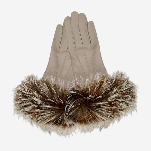 CC4066 (taupe) - Women’s Italian fox fur cuff cashmere lined leather gloves — photo 1 of 7