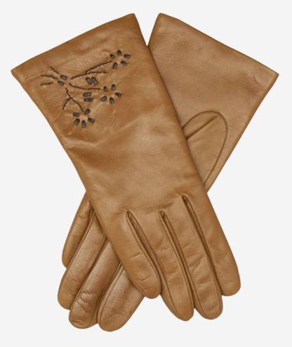 CC4101 (brown) - Women’s Italian cashmere lined leather gloves with floral accents — photo 1 of 9