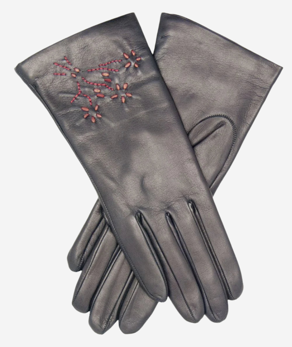 CC4101 (navy) - Women’s Italian cashmere lined leather gloves with floral accents — photo 1 of 9
