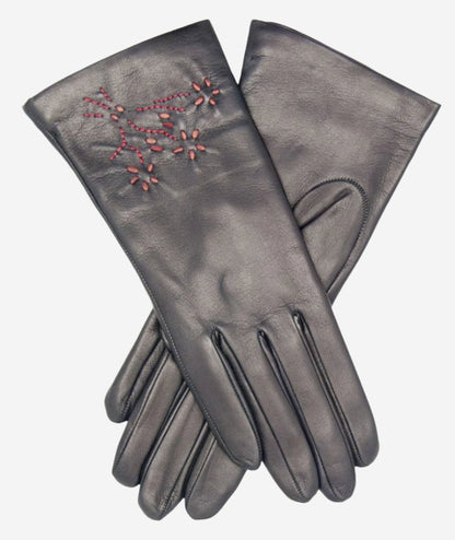 CC4101 (navy) - Women’s Italian cashmere lined leather gloves with floral accents — photo 1 of 9