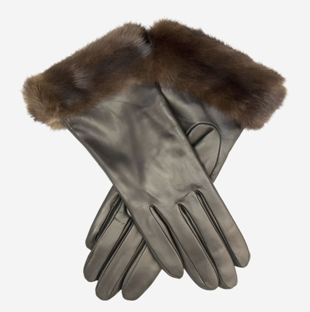 CC4127 (black) - Women’s Italian cashmere lined 4-button length leather gloves with mink cuff — photo 2 of 8