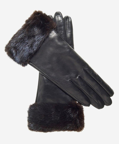 CC4127 (black) - Women’s Italian cashmere lined 4-button length leather gloves with mink cuff — photo 1 of 8