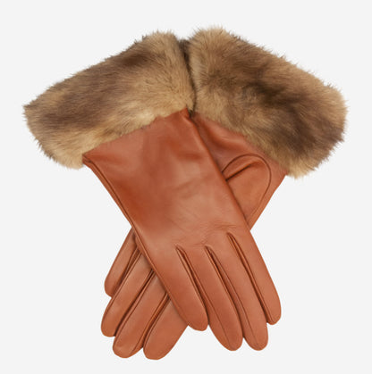 CC4127 (brown) - Women’s Italian cashmere lined 4-button length leather gloves with mink cuff — photo 1 of 8