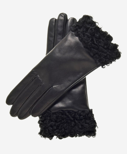 CC4172 (black) - Women’s Italian cashmere lined leather gloves with Persian lamb cuffs — photo 1 of 8
