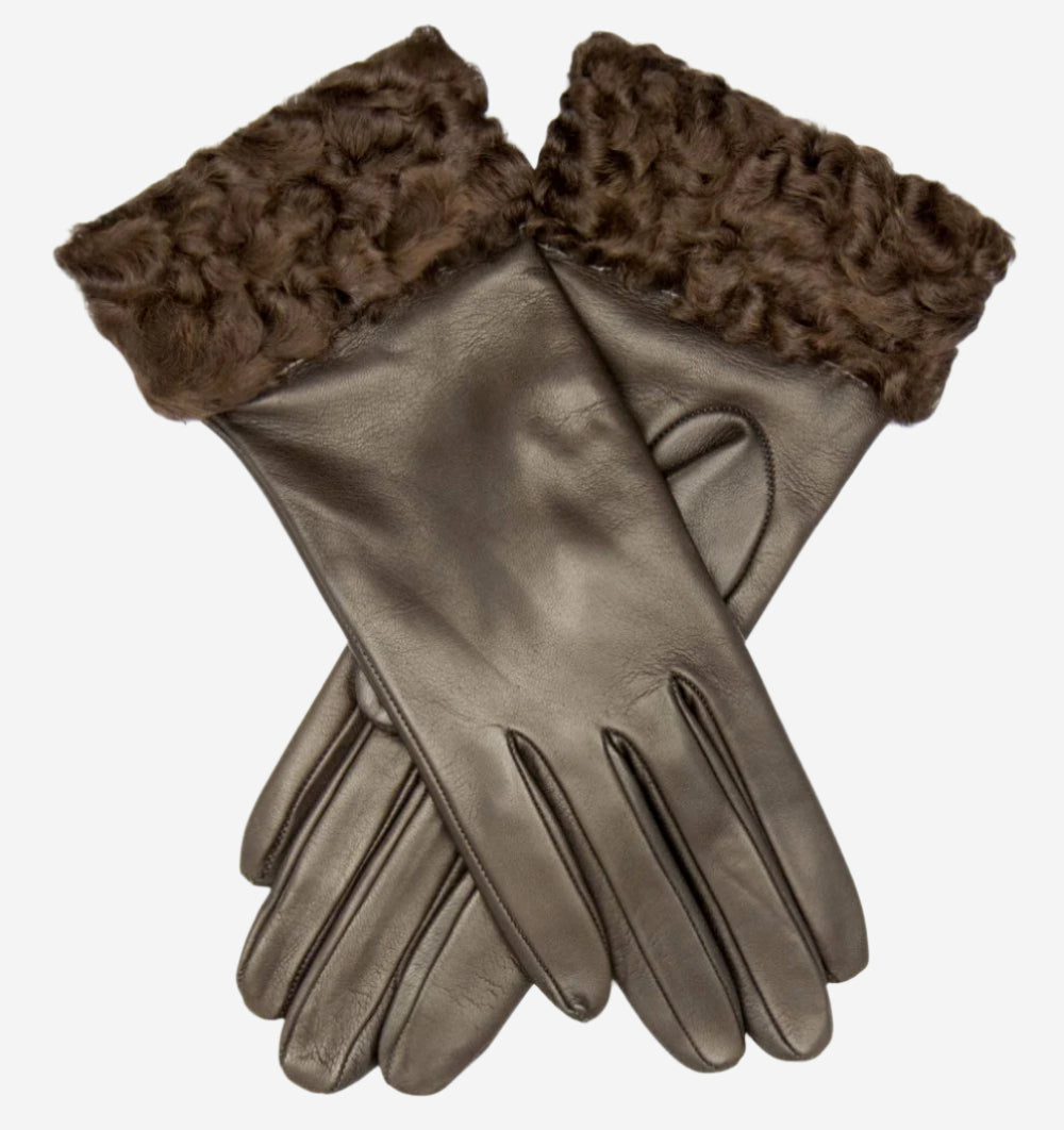 CC4172 (brown) - Women’s Italian cashmere lined leather gloves with Persian lamb cuffs — photo 1 of 8