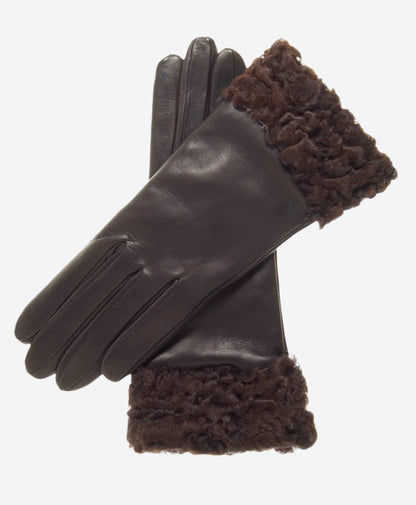 CC4172 (brown) - Women’s Italian cashmere lined leather gloves with Persian lamb cuffs — photo 2 of 8