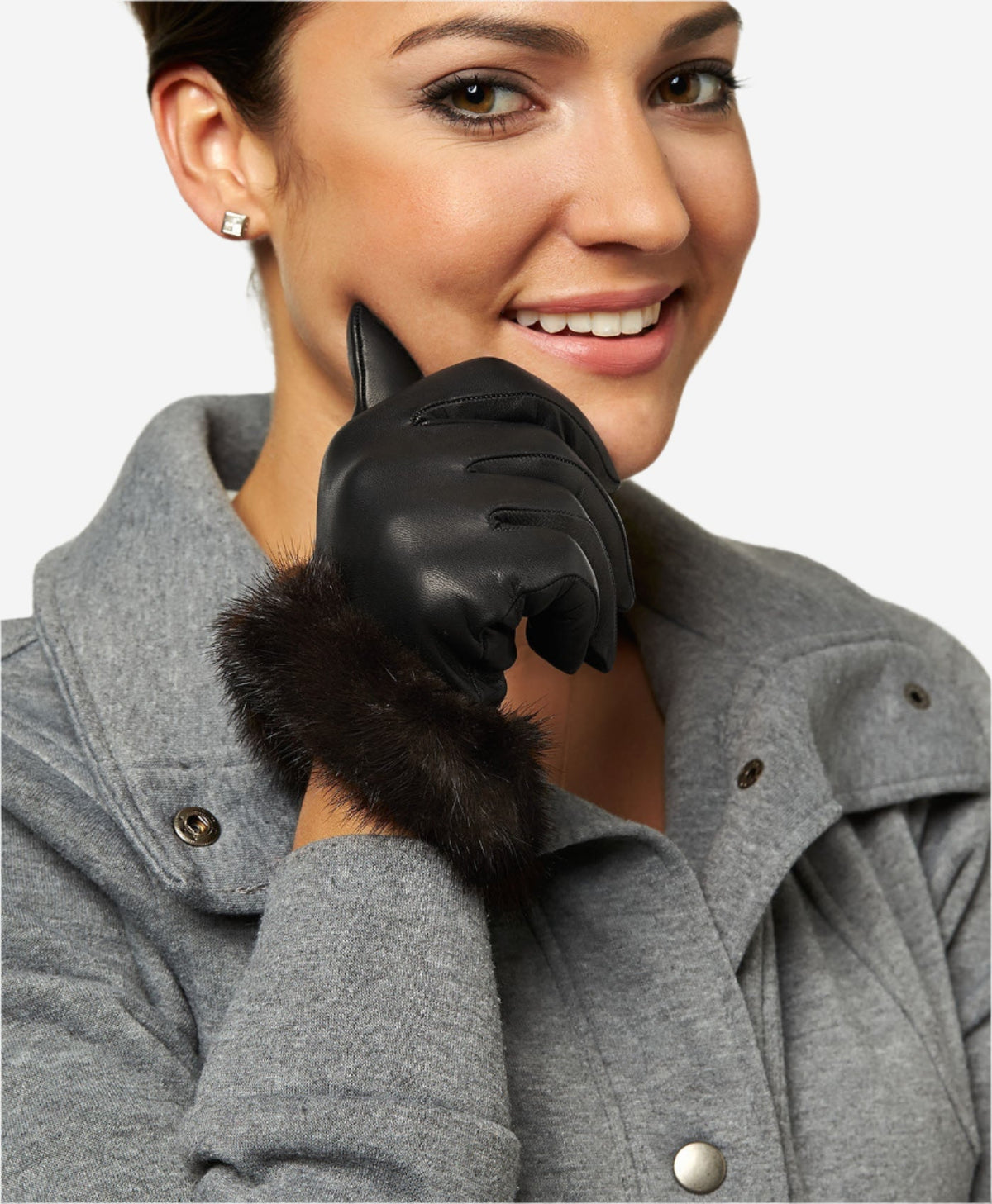 CC4327 (black) - Women’s Italian lambskin winter gloves cashmere lined with rabbit fur cuff — photo 5 of 9