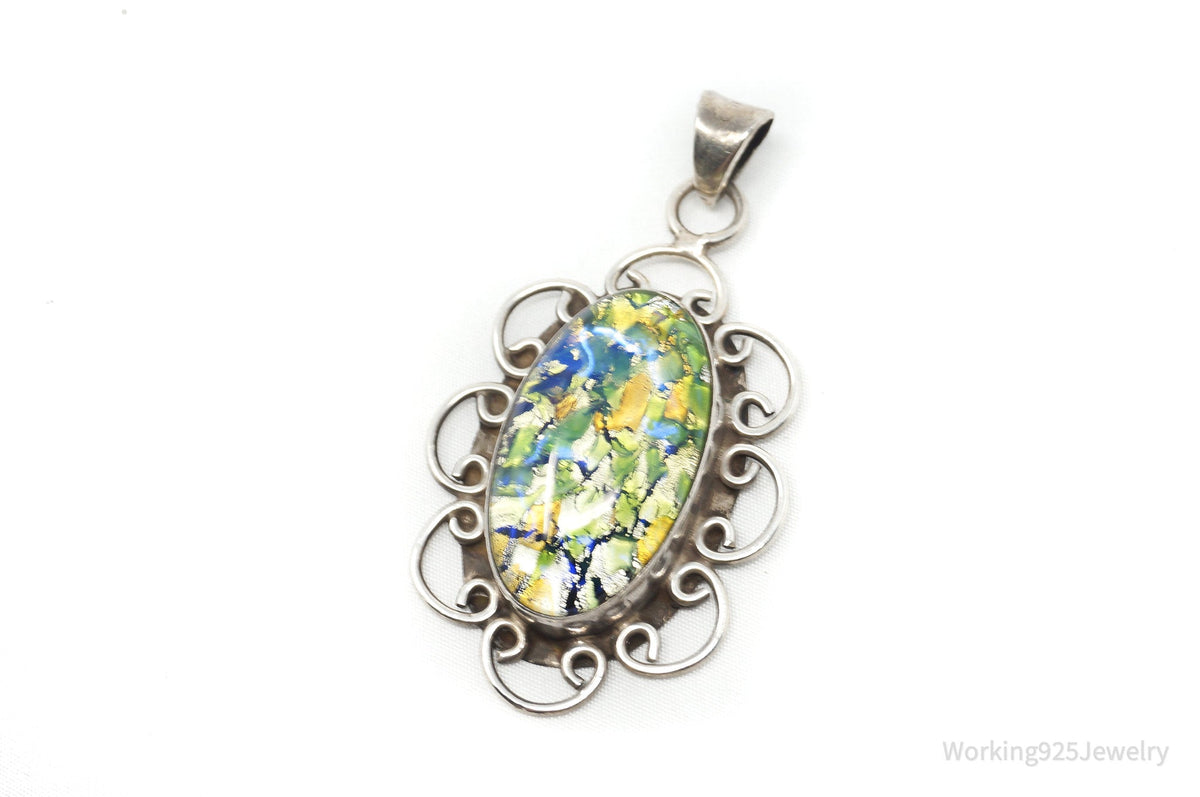 Vintage Large Mexico Dichroic Glass Flower Sterling Silver Necklace Pendant