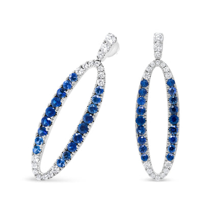 18K White Gold 1-1/10 Cttw Blue Diamond and Sapphire Oval Openwork Dangle Earrings