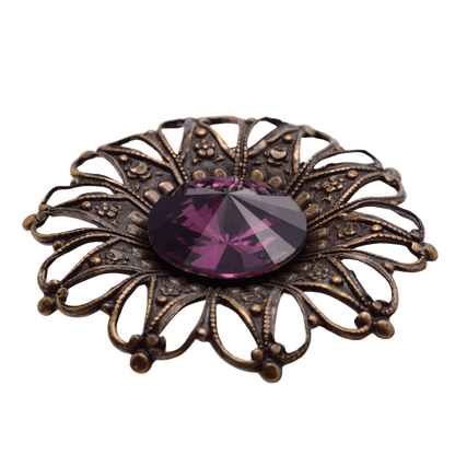 Vintage Style Ornate Brass Filigree Brooch with Purple Rhinestone - 37mm Floral Design