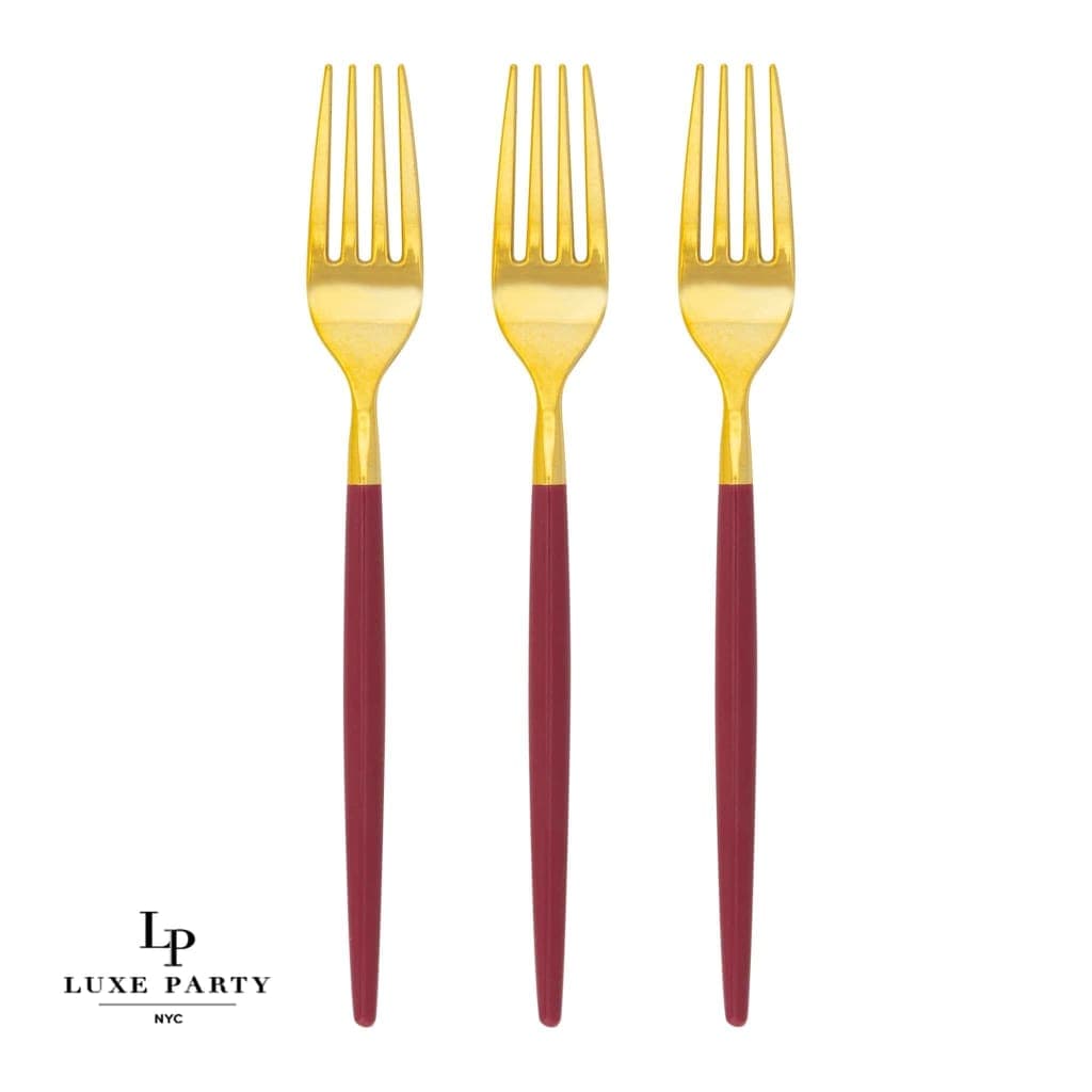 Chic Cranberry Red and Gold Plastic Forks | 32 Pieces