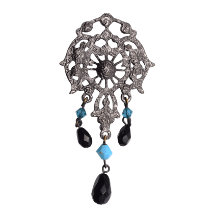 Vintage Turquoise Black Glass Crystal Brooch Pin - Ornate Art Nouveau Style 35x65mm