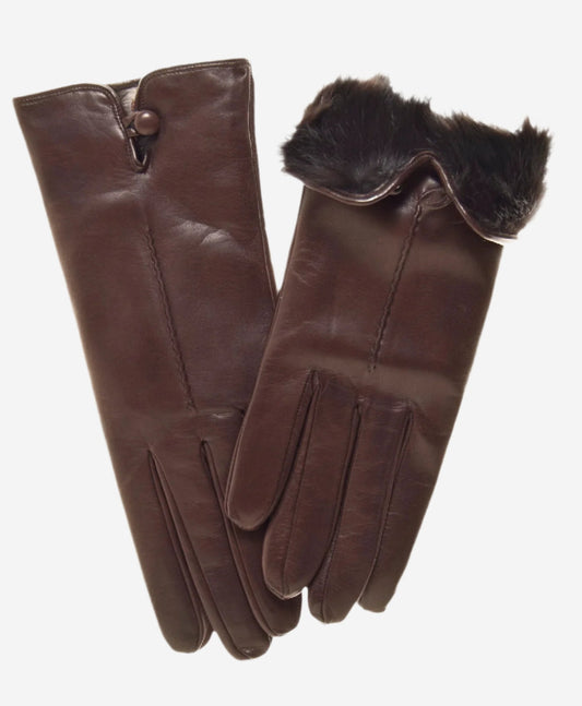 CR4302 (brown) - Women’s Italian rabbit fur gloves with button — photo 1 of 6
