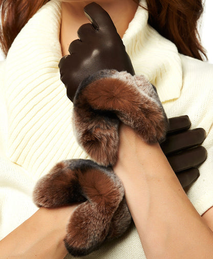 CR4347 (brown) - Women’s Italian Rex rabbit fur cuff cashmere lined winter leather gloves — photo 2 of 10