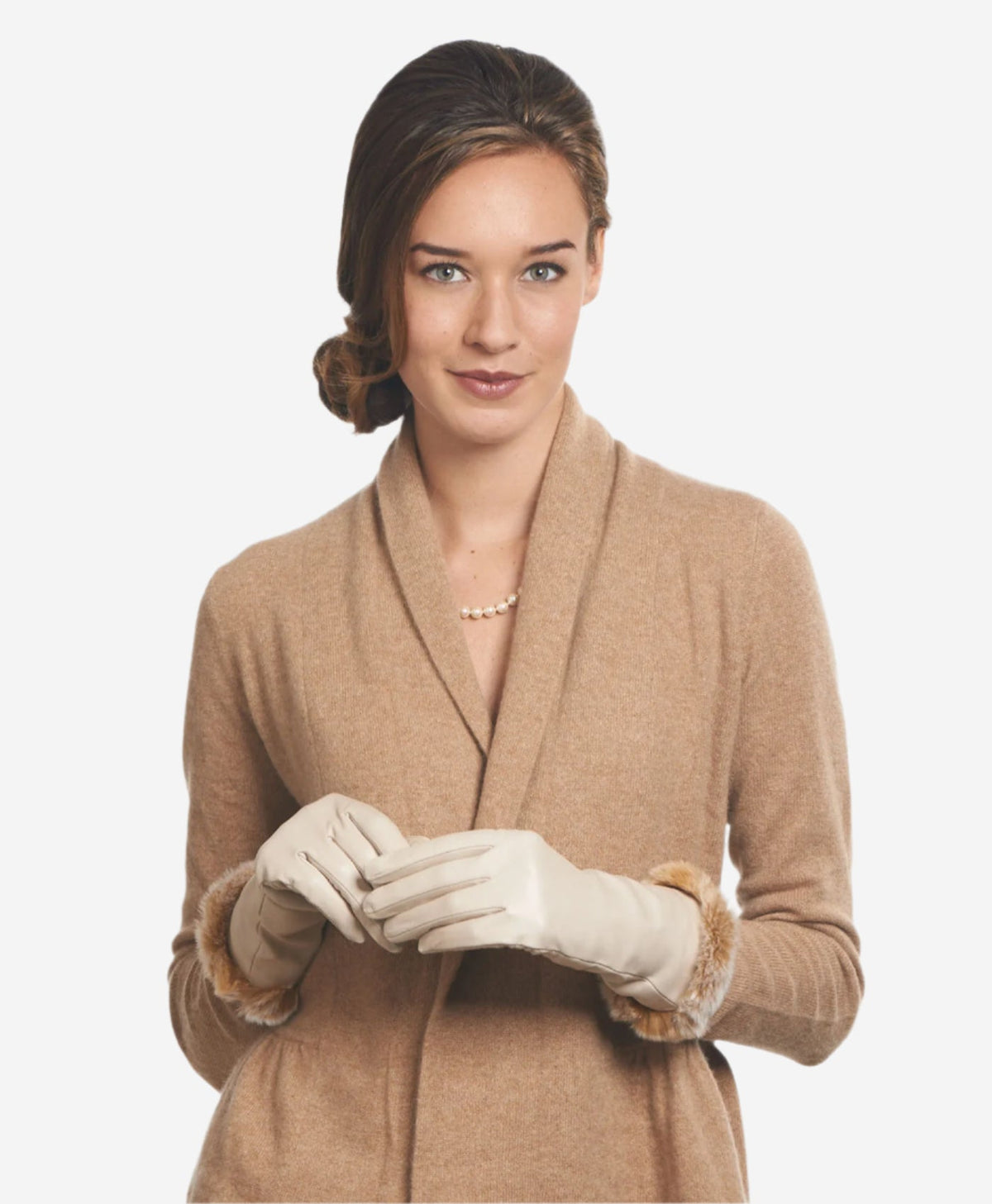 CR4405 (cream) - Women’s Italian Rex rabbit fur cuff winter leather gloves — photo 2 of 8