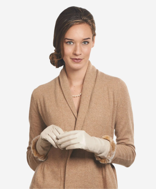 CR4405 (cream) - Women’s Italian Rex rabbit fur cuff winter leather gloves — photo 2 of 8