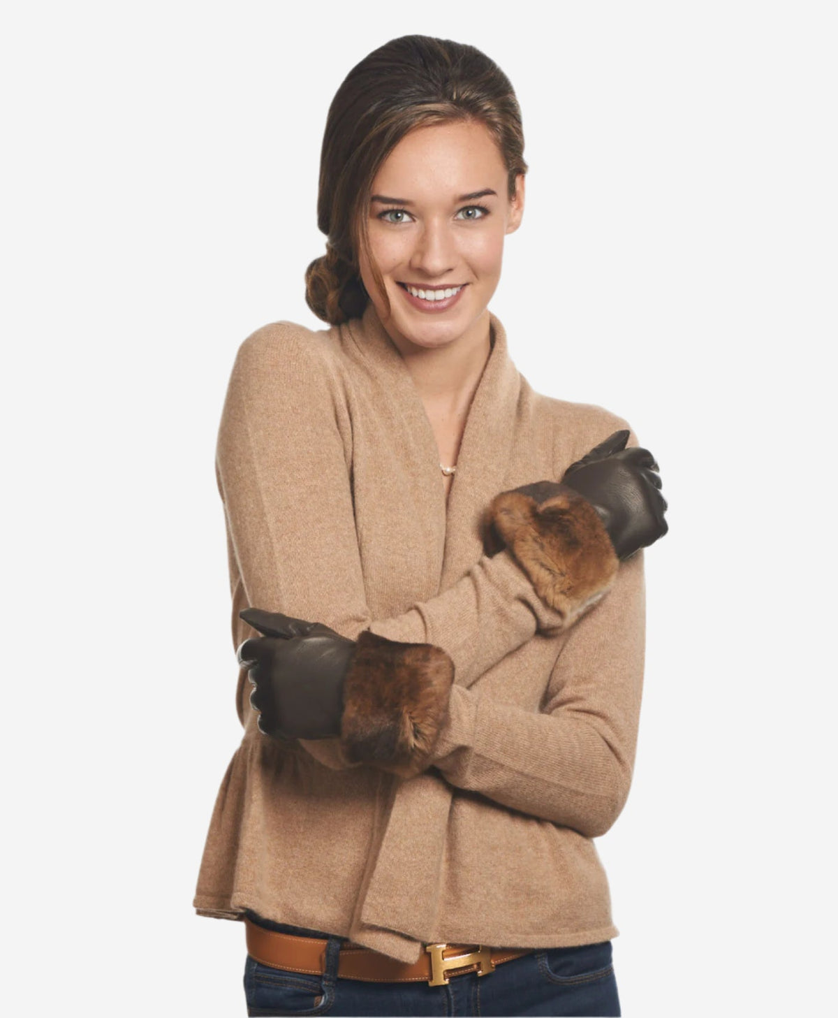 CR4450 (brown) - Women's Italian Orylag rabbit fur cuff cashmere lined winter leather gloves — photo 2 of 9
