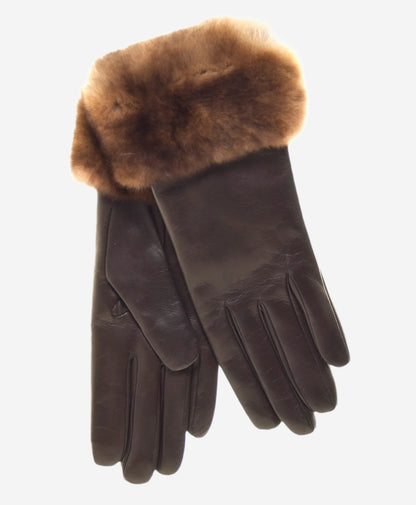 CR4450 (brown) - Women's Italian Orylag rabbit fur cuff cashmere lined winter leather gloves — photo 1 of 9