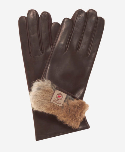 CR4606 (brown) - Women's Italian natural rabbit fur gloves 3-button length — photo 1 of 7