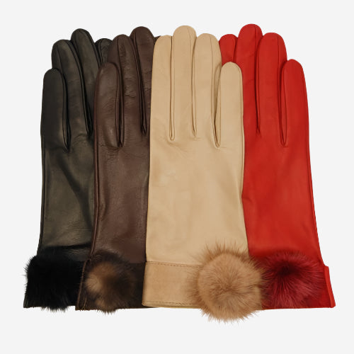CS4033 (beige) - Women's Italian Silk Lined Lambskin Leather Gloves with Mink PomPom — photo 3 of 9