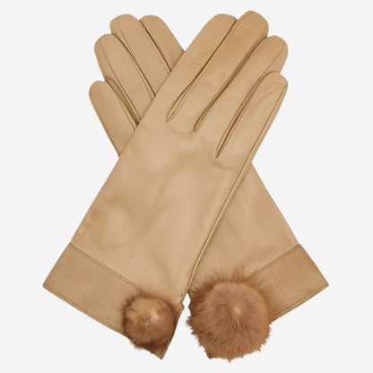 CS4033 (beige) - Women's Italian Silk Lined Lambskin Leather Gloves with Mink PomPom — photo 2 of 9