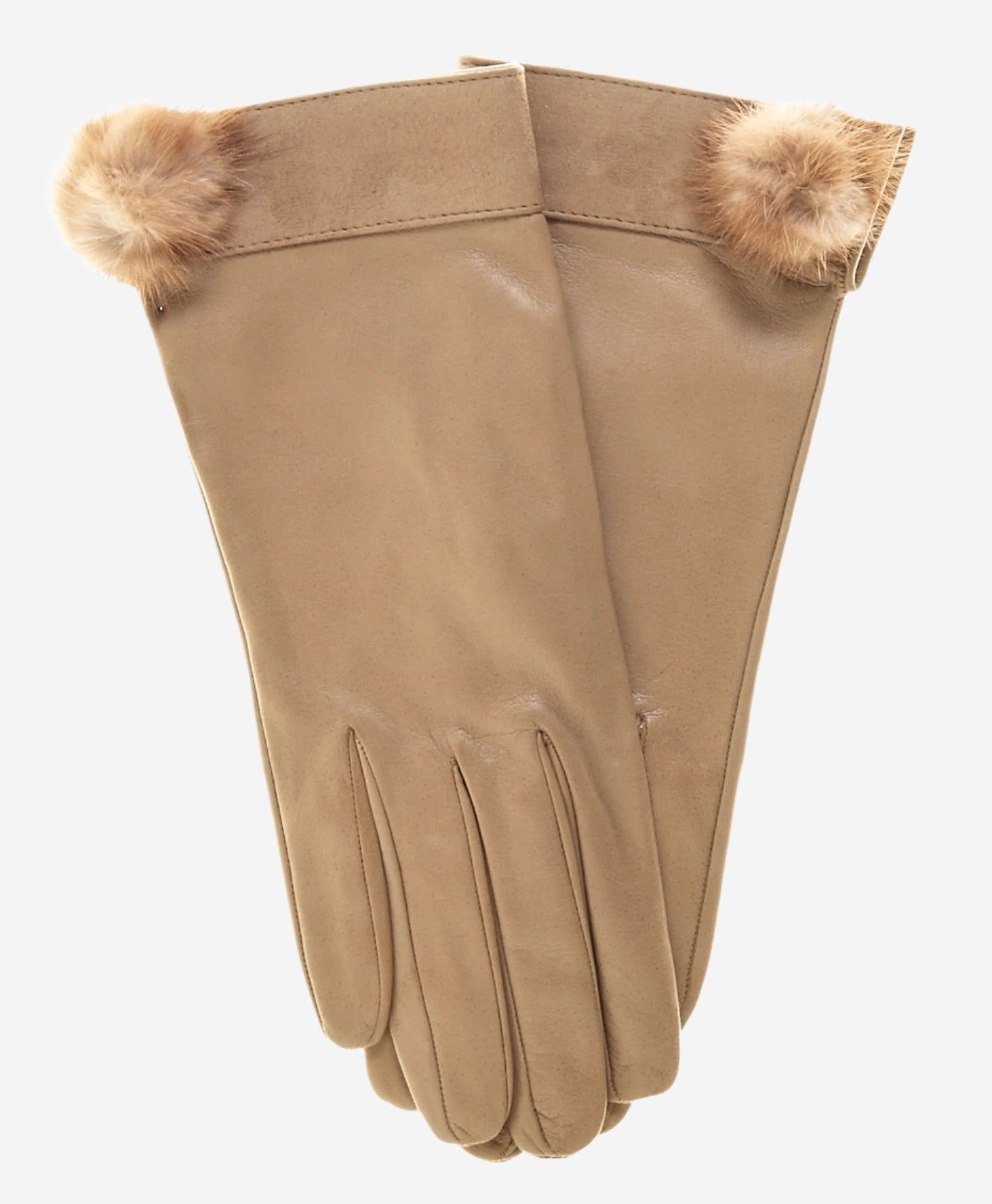 CS4033 (beige) - Women's Italian Silk Lined Lambskin Leather Gloves with Mink PomPom — photo 1 of 9