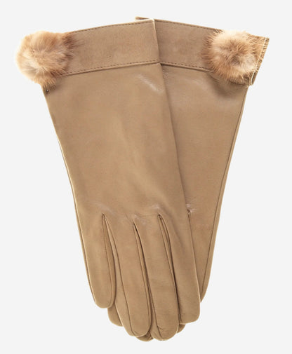 CS4033 (beige) - Women's Italian Silk Lined Lambskin Leather Gloves with Mink PomPom — photo 1 of 9