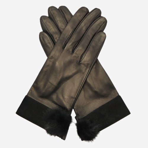 CS4033 (black) - Women's Italian Silk Lined Lambskin Leather Gloves with Mink PomPom — photo 1 of 9