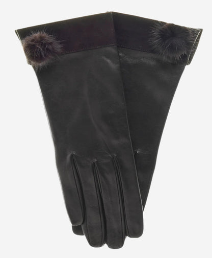 CS4033 (black) - Women's Italian Silk Lined Lambskin Leather Gloves with Mink PomPom — photo 2 of 9