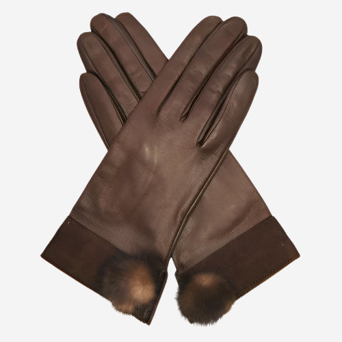 CS4033 (brown) - Women's Italian Silk Lined Lambskin Leather Gloves with Mink PomPom — photo 1 of 9