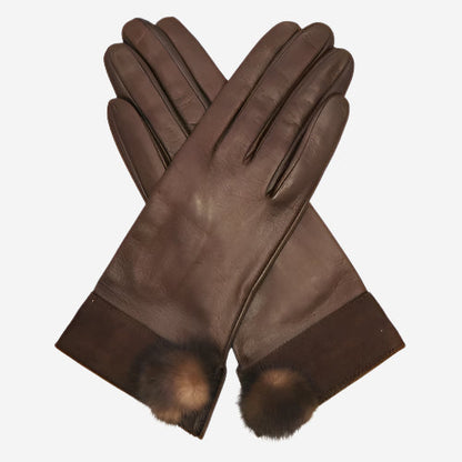 CS4033 (brown) - Women's Italian Silk Lined Lambskin Leather Gloves with Mink PomPom — photo 1 of 9