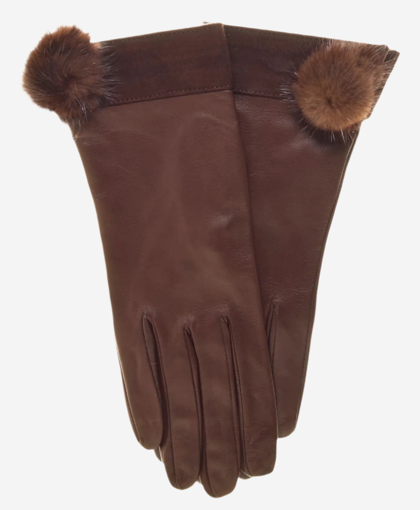 CS4033 (brown) - Women's Italian Silk Lined Lambskin Leather Gloves with Mink PomPom — photo 2 of 9