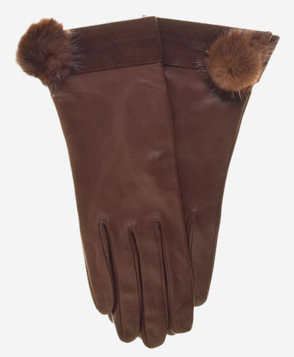 CS4033 (brown) - Women's Italian Silk Lined Lambskin Leather Gloves with Mink PomPom — photo 2 of 9