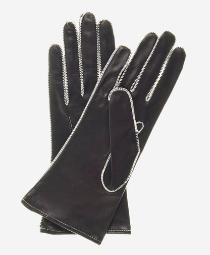 CS4175 (black/white) - Women's Italian Silk Lined Leather Gloves with Contrast Decorative Stitching — photo 2 of 8