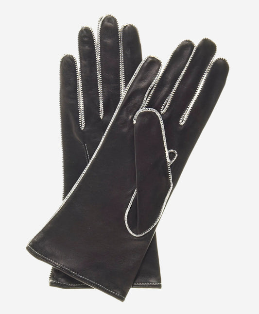 CS4175 (black/white) - Women's Italian Silk Lined Leather Gloves with Contrast Decorative Stitching — photo 2 of 8