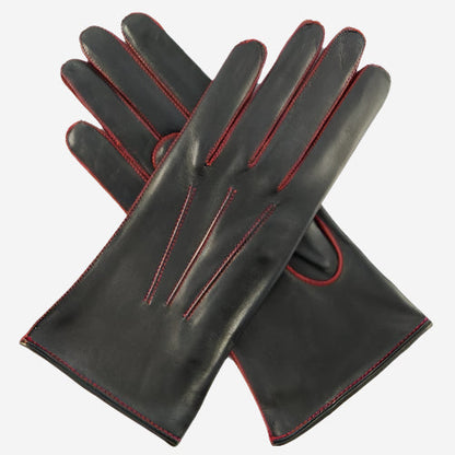 CS4175 (black/red) - Women's Italian Silk Lined Leather Gloves with Contrast Decorative Stitching — photo 2 of 8