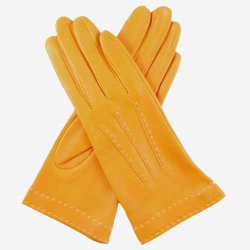 CS4204 (mustard) - Women's Italian Silk Lined Leather Gloves with Contrast Decorative Stitching — photo 2 of 8