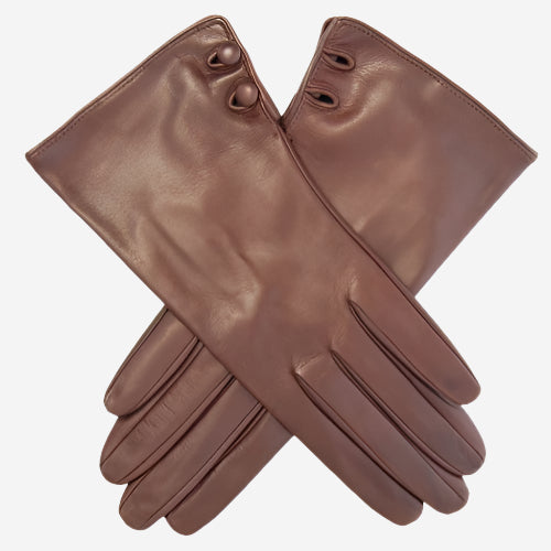 CS4345 (brown) - Women's Italian Silk Lined Leather Gloves with 2 Buttons — photo 1 of 8