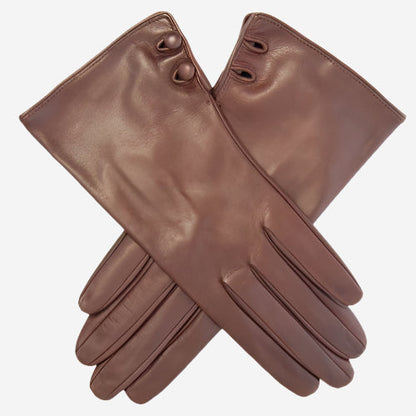 CS4345 (brown) - Women's Italian Silk Lined Leather Gloves with 2 Buttons — photo 1 of 8