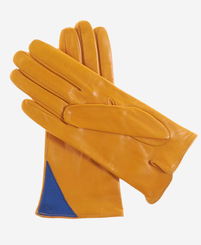 CS4414 (yellow/blue) - Women's Italian Color Blocking Silk Lined Leather Gloves — photo 2 of 9