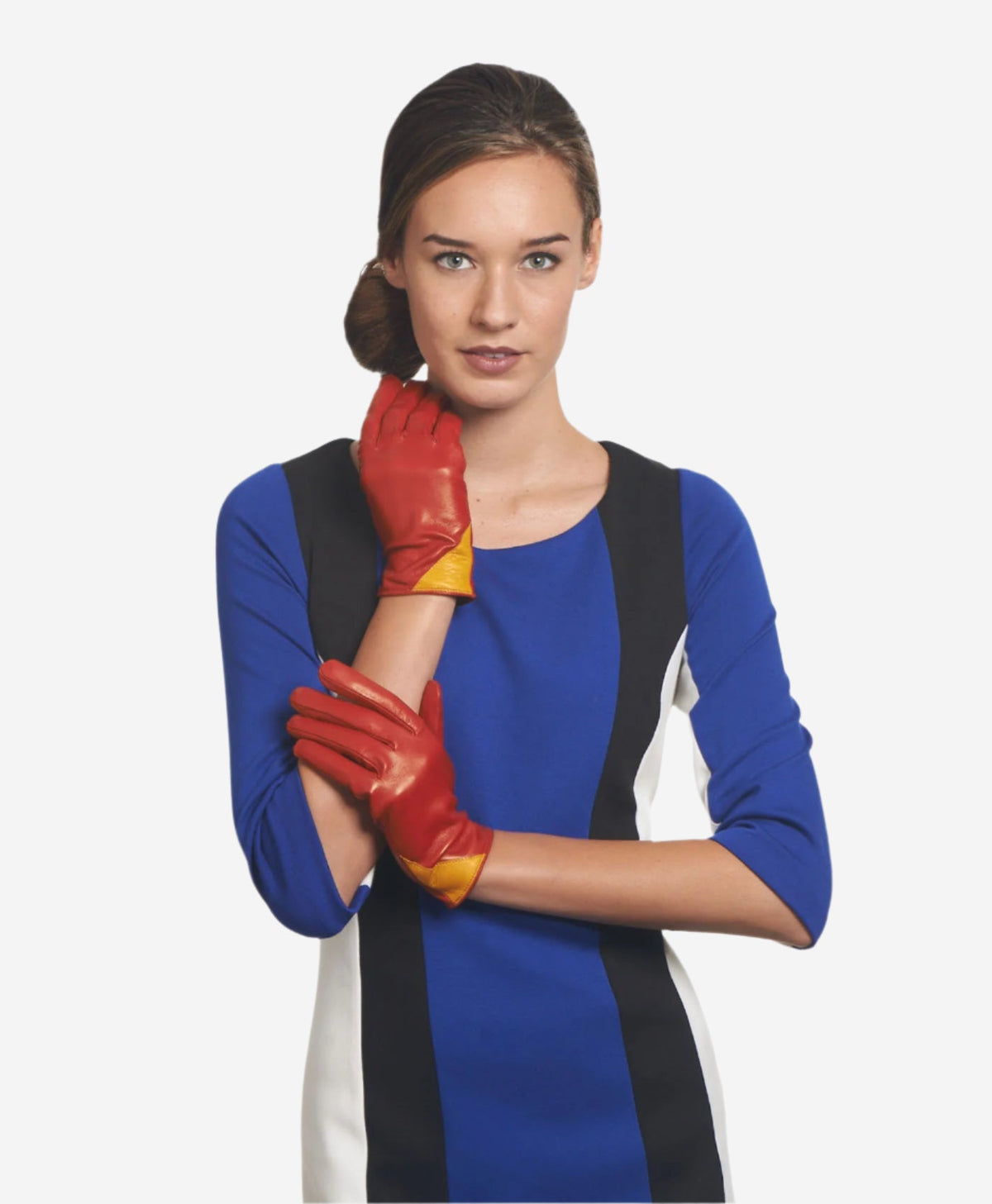 CS4414 (red/yellow) - Women's Italian Color Blocking Silk Lined Leather Gloves — photo 2 of 9