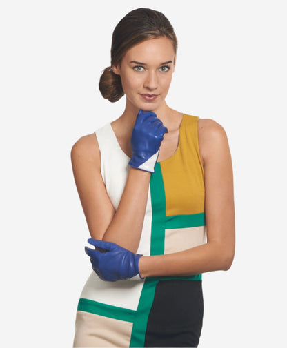 CS4414 (blue/cream) - Women's Italian Color Blocking Silk Lined Leather Gloves — photo 2 of 9