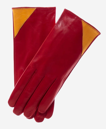 CS4414 (red/yellow) - Women's Italian Color Blocking Silk Lined Leather Gloves — photo 1 of 9