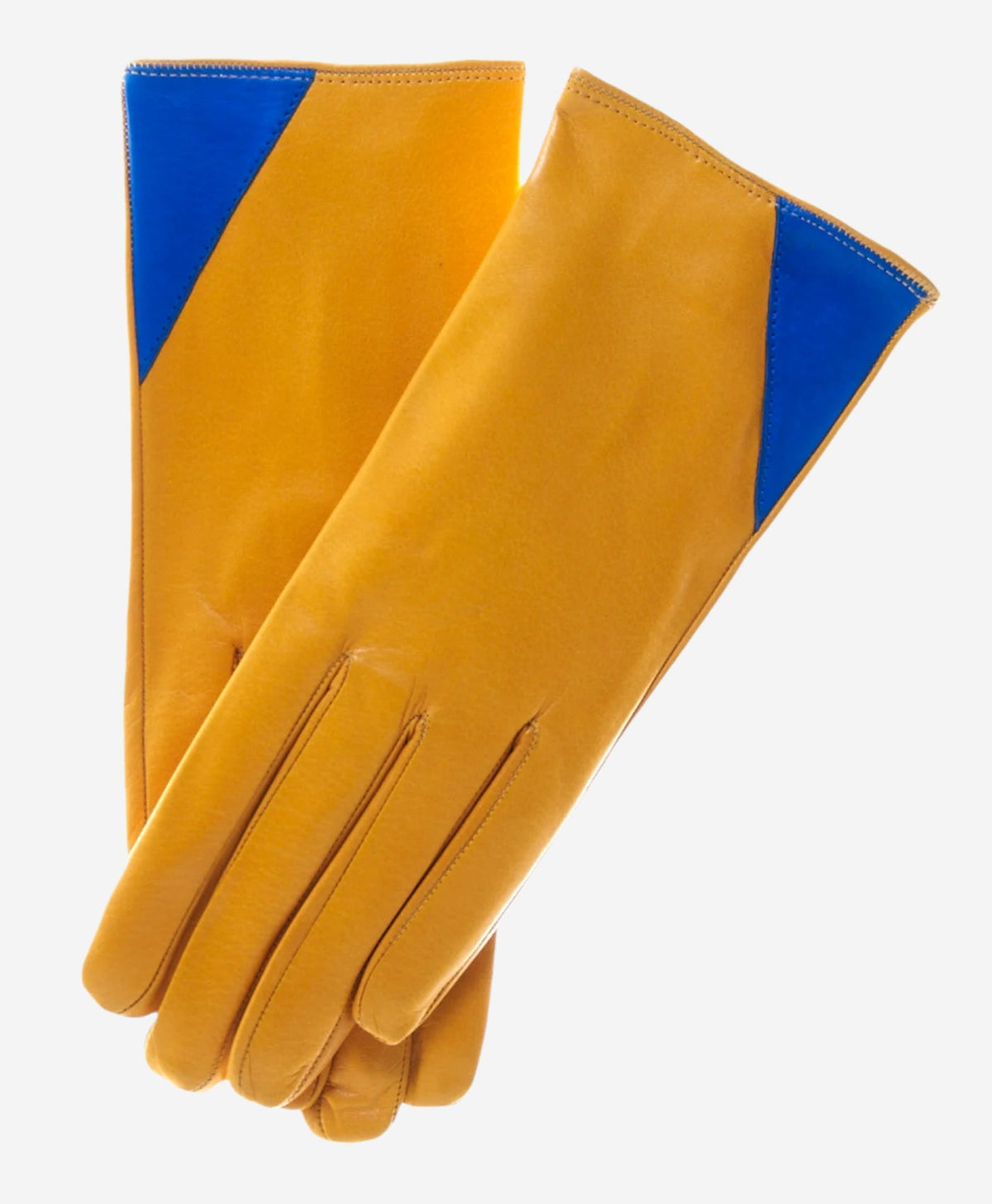 CS4414 (yellow/blue) - Women's Italian Color Blocking Silk Lined Leather Gloves — photo 1 of 9