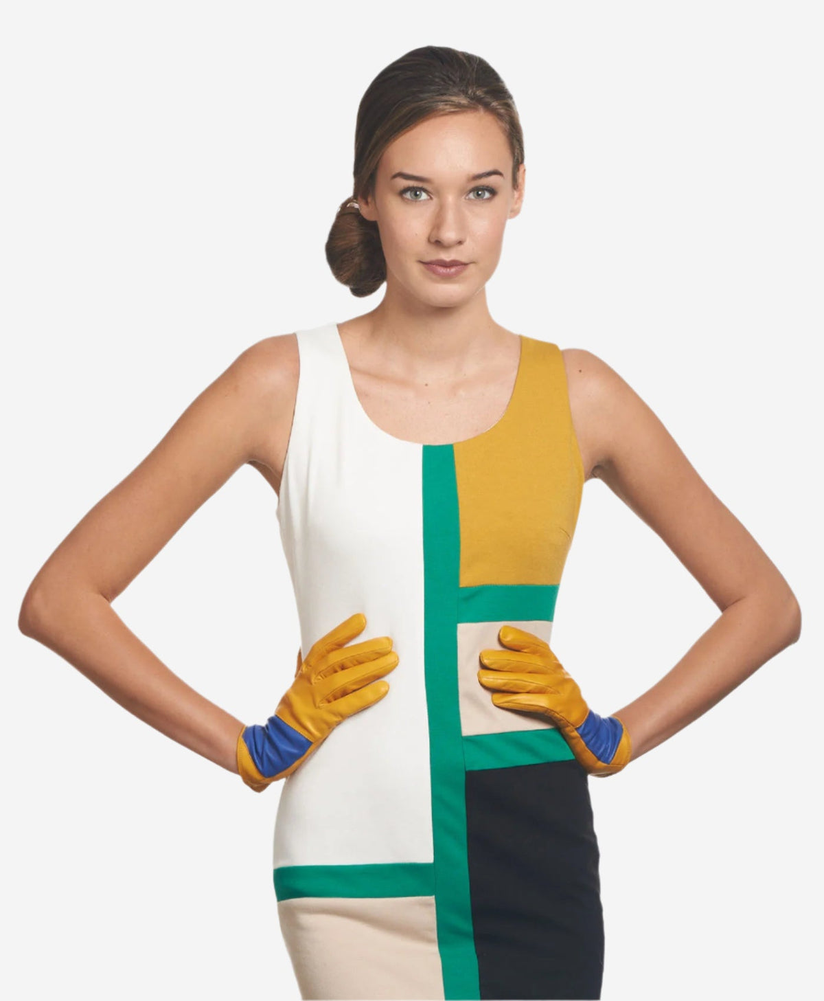 CS4416 (yellow/blue) - Women's Italian Color Block Silk Lined Leather Gloves — photo 3 of 9